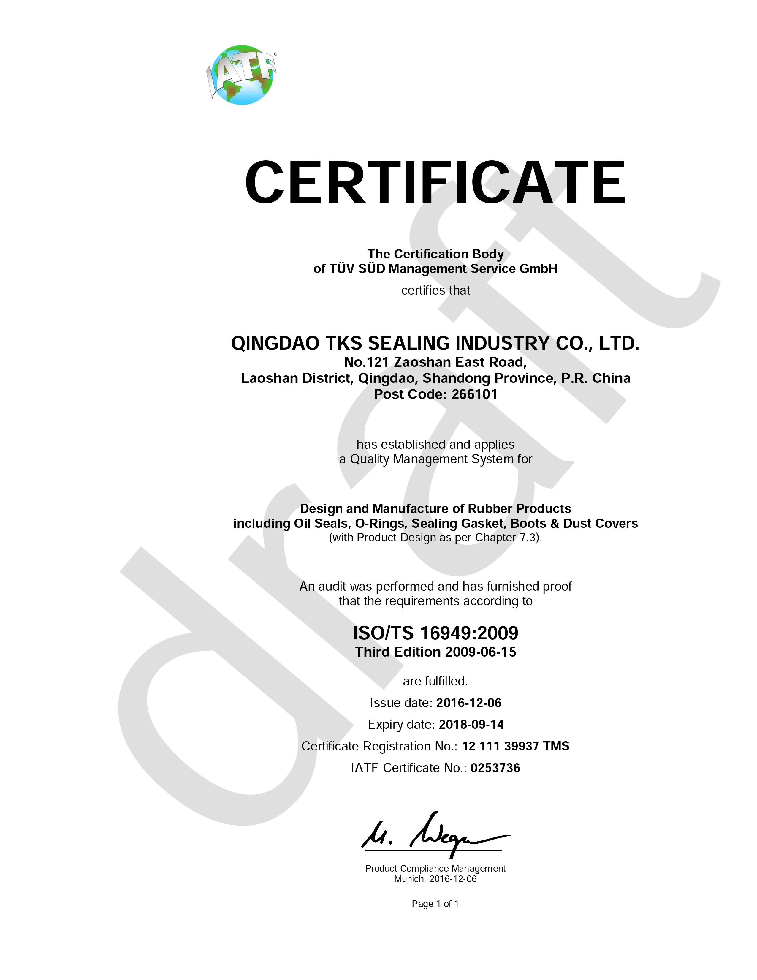 China Qingdao Global Sealing-tec co., Ltd Zertifizierungen